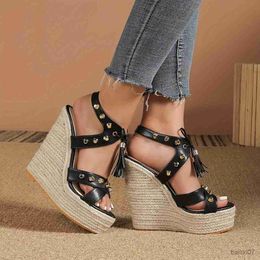 Dress Shoes Stylish Womens Espadrille Wedge Sandals with Studded Tassel Decor and Platform High Heels - Perfect for Vacation and Parties