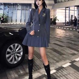 Casual Dresses Xgoth Suit Dress Long-sleeved College Fashion Girl Pleated Skirts Korean Style Shorts Vintage Female Clothes