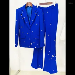 Women's Two Piece Pants Blue Suit With Hollow Rivet Eyes Fashionable Red And Single Button Bell 2-piece Set