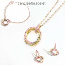 Designer Earrings For Women Europe America Fashion Necklace Bracelet Lady Brass Engraved Letter Settings Pink Diamond Three Circles Pendant 18K Gold Chain Jewellery