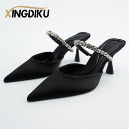 High Heel Sandals Summer Pointed Toe Stiletto Black Sexy Ladies Sandals Rhinestone Sequins Big Size Slippers shoe woman 240322