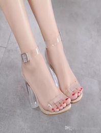 Women039s Lucite Clear Dress Sandal Strappy Block Chunky Clear PVC High Heel Open Peep Toe Sandal3149817