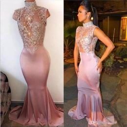 2023 Newest Girls Prom Gowns High Neck Crystals Mermaid Prom Dress See Through Applique Beaded Sleeveless Soft Satin Long Evening 8554444