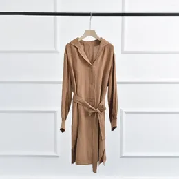 Casual Dresses Women 2024 Spring Summer Half Cardigan Linen Long Sleeve Belt Dress