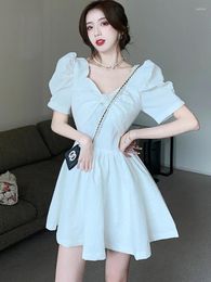 Party Dresses 2024 White Chic Short Sleeve Bow V-Neck Mini Dress Women Elegant Casual Pleated Summer Pretty Night