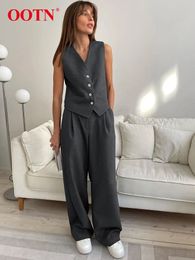 OOTN Elegant Gray V Neck Tank Tops Suits Summer Pleated Long Pants Sleeveless Button Up Two Piece Sets Khaki Office Outfits 240407
