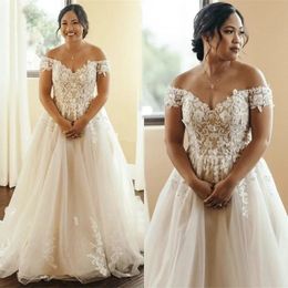 Off Shoulder A Line Wedding Dresses Lace Appliques Floor Length Plus Size Bridal Gown Back Lace-Up Corset Bride Dress 2024 Spring Summer Tulle Robe