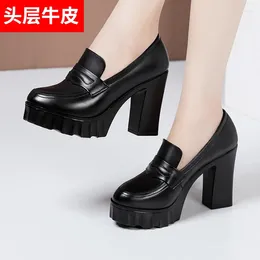 Dress Shoes 10cm Small Size 32-43 Genuine Leather Black Shoe Woman Block High Heels Pumps 2024 Thick Bottom Platform Model Office Work