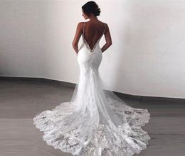 Charming White Mermaid Lace Open Back Bridal Wedding Gowns Spaghetti Straps Appliqued Wedding Dresses for Bride 20225753115