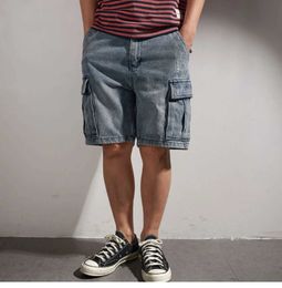 Men's Shorts American heavy-duty washed cotton denim mens shorts loose straight half jeans pants 2024 summer vintage cargo work clothes knee length J240407