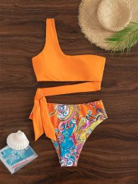 2023 New Push Up Single Shoulder Stripe Women Bikini Set High Cut Printed Bottom Padded Swimwear Summer Beachwear Bathing