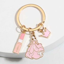 Keychains Lanyards Cute Enamel Keychain Lipstick Princess Crown Key Ring Make Up Chains For Women Men Handbag Accessorie DIY Jewelry Gifts Q240403