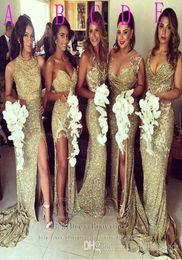 Sexy Sequins Bridesmaid Dresses Gold Bling Different Neckline Illusion Back High Split Evening Dresses Sheath Long Maid of Honour G6980628