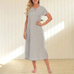 Party Dresses Summer Casual Striped Printed Long Dress For Women V-Neck Short Sleeve Button Maxi Ladies Pockets Split Hem A-Line