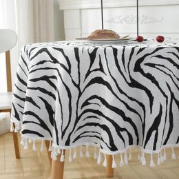 Table Cloth American Zebra Stripes Cotton Linen Round Tablecloth White Tassel Cover Home Dinning Decoration