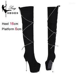 Boots Women Platform Over The Knee Black Autumn Winter Lady Shoes Rhinestone Stiletto Heels Plus Size Stripper Long Femme