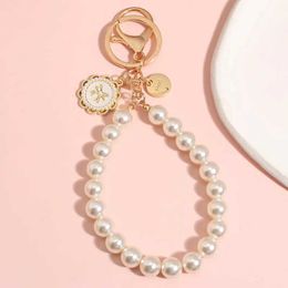 Keychains Lanyards Creativity Handmade Pearl Link Chain Keychain Rose Flower Bowknot Key Ring For Women Girls Charms DIY Jewelry Gifts Q240403
