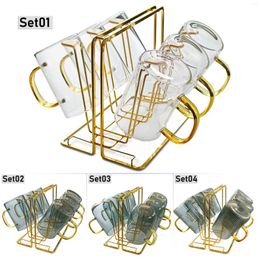 Teaware Sets 7 In 1 Set - 1pc 6 Grids Drying Rack Metal Golden Mug Holder Drain Organizer 6pcs Heat Resistant Glass Tea Cup Coffee Mugs