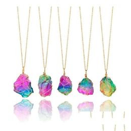 Pendant Necklaces Pendant Necklaces Natural Rainbow Irregar Quartz Stone Rock Crystal Gemstone Necklace Gold Plated Wire Wrap Birthsto Dhc2E