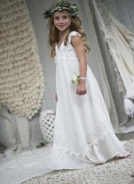 Open Back New Summer Beach Wedding Princess V Neck Flower Girl Dress Chiffon Empire Cap Sleeve Lace Kid Party Long Gowns Bow Appli7980234