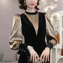 Women's Blouses Velvet Pullover Ruffle Collar 2024 Autumn And Winter Splicing French Skirt Hem Slim Versatile Long Sleeved Tops