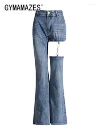 Women's Jeans GYMAMAZES Patchwork Chain Denim Trouser For Women High Waist Spliced Pocket Streetwear Slimming Flare Pants Female Fashion
