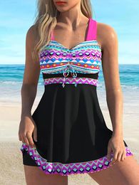 Women's Swimwear Plus Size Boho Swimsuit Set Geometric Print Drawstring Tank Top & Shorts Tankini Two Piece