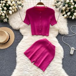 Work Dresses 2024 Summer Women Knit Two Piece Sets Sexy Short Crop Top Elastic Waist Shorts Fashion Solid Suits Outfits