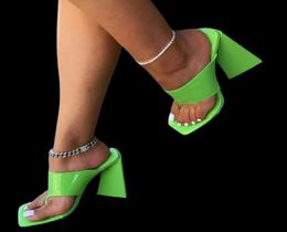Slippers Summer Fashion Women Patent Leather Green Red Sandals Square Toe ThickSoled High Heels Flip Flops Party Shoes1719090
