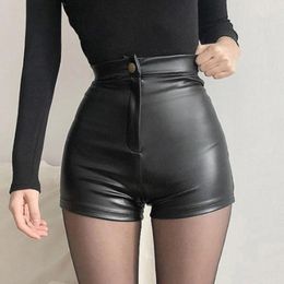 Women's Shorts Women Pants Pu Faux Leather Black Mid Waist High Street Punk Style Tight BuLift Short Y2k