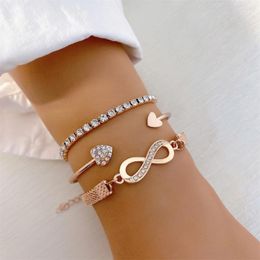 Charm Bracelets Vintage Metal Infinity Heart Bracelet For Women Female Retro Geometric Crystal Rhinestone Paved Chain Set Jewellery Gift