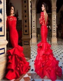 Fishtail Tiered Layered Ruffles Satin Prom Dresses 2019 Long Sleeve Red Lace Evening Dress For Women Pageant Celebrity21267054200404