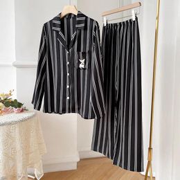 Home Clothing Women Sleepwear Intimate Lingerie Casual Print Striped 2PCS Pajamas Suit Long Sleeve Black Sleep Set Pyjamas