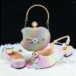 Dress Shoes Rainbow Women And Bag Set To Match African Ladies Summer Lower Heels Sandals With Handbag Clutch Femmes Sandales GL43