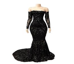 Sparkly Sequined Black Mermaid Prom Dresses 2020 Off The Shoulder Long Sleeves Evening Party Gowns Sweep train African Arabic Form3854821