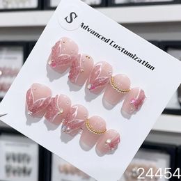 Handmade Short Fake Nails Korean Pink Hand Paint Reusable Adhesive False with Design Acrylic Artificial Manicure Nail Art 240328