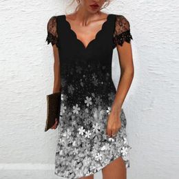 Casual Dresses Women Printed Elegant Lace Patchwork V Neck Summer Dress For A-line Silhouette With Floral Print Short Parties