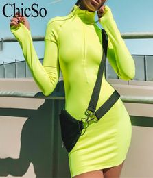 MissyChilli Fluorescence green pencil bodycon dress Women long sleeve short neon light red dress Female fitness club black1950439
