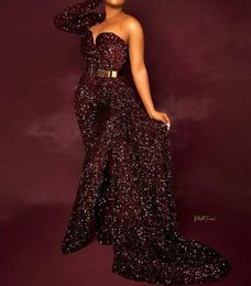 Burgundy Jumpsuits Prom Dresses With Detachable Train One Shoulder Plus Size Arabic Sequined Beaded Evening Gown Formal Party Dres5557436