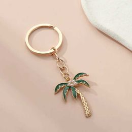 Keychains Lanyards Cute Enamel Coconut Palm Key Chain Pearl Tree Juice Ring Summer Chains Souvenir Gifts For Women Men Handmade Jewelry Q240403