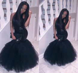 Black Girl 2K19 Prom Dresses Halter Neck Sequins Topped Mermaid Backless Dubai Fiesta Longo Party Gowns Cheap 2019 Party Gowns3957591