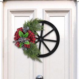 Decorative Flowers Durable Christmas Wreath Festive Wheel Plaid Bowknot Spoon Pine Cone Decor Indoor/outdoor Window Front Door