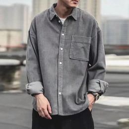 Men Autumn Shirt Loose Long Sleeves Lapel Corduroy Vintage Thermal Korean Style Casual Solid Colour Spring Coat Male Clothes 240322