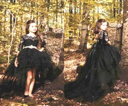 Black High Low Girls Pageant Dresses 2019 Fashion Half Sleeve Lace Crystals Belt Prom Dress Party Gowns Flower Girl Dress Custom S4463548