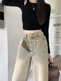 Women's Jeans Y2K 2024 Autumn And Winter Retro Washed Yellow Mud Colour Straight Leg Loose Wide Floor-Mopping