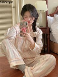 Women's Sleepwear Colourful Striped Pyjama Sets Women Sweet Turn-down Collar Girlish Japanese Style Ins College Loose Stylish Dormitory