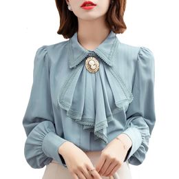 Retro Blue Chiffon Blouse Autumn Spring Bowknot Workwear OL Tops Elegant Women Long sleeve Lace shirt 240407