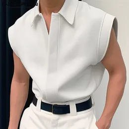 Men's Casual Shirts INCERUN Men Shirt Solid Colour Lapel Sleeveless Korean Style Fashion Clothing Streetwear Summer 2024 Male S-5XL