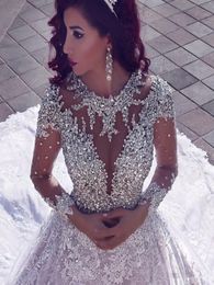 Princess Long Illusion Sleeve Crystal Luxurious Cathedral Train Ball Gown Wedding Dress Beading Dubai Arabic Applique Bridal Backl3967728