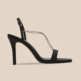 Sandals Black Satin Rhinestone Strappy Career Work High-heeled Shoes Stiletto Bed Cut Male Graduates With